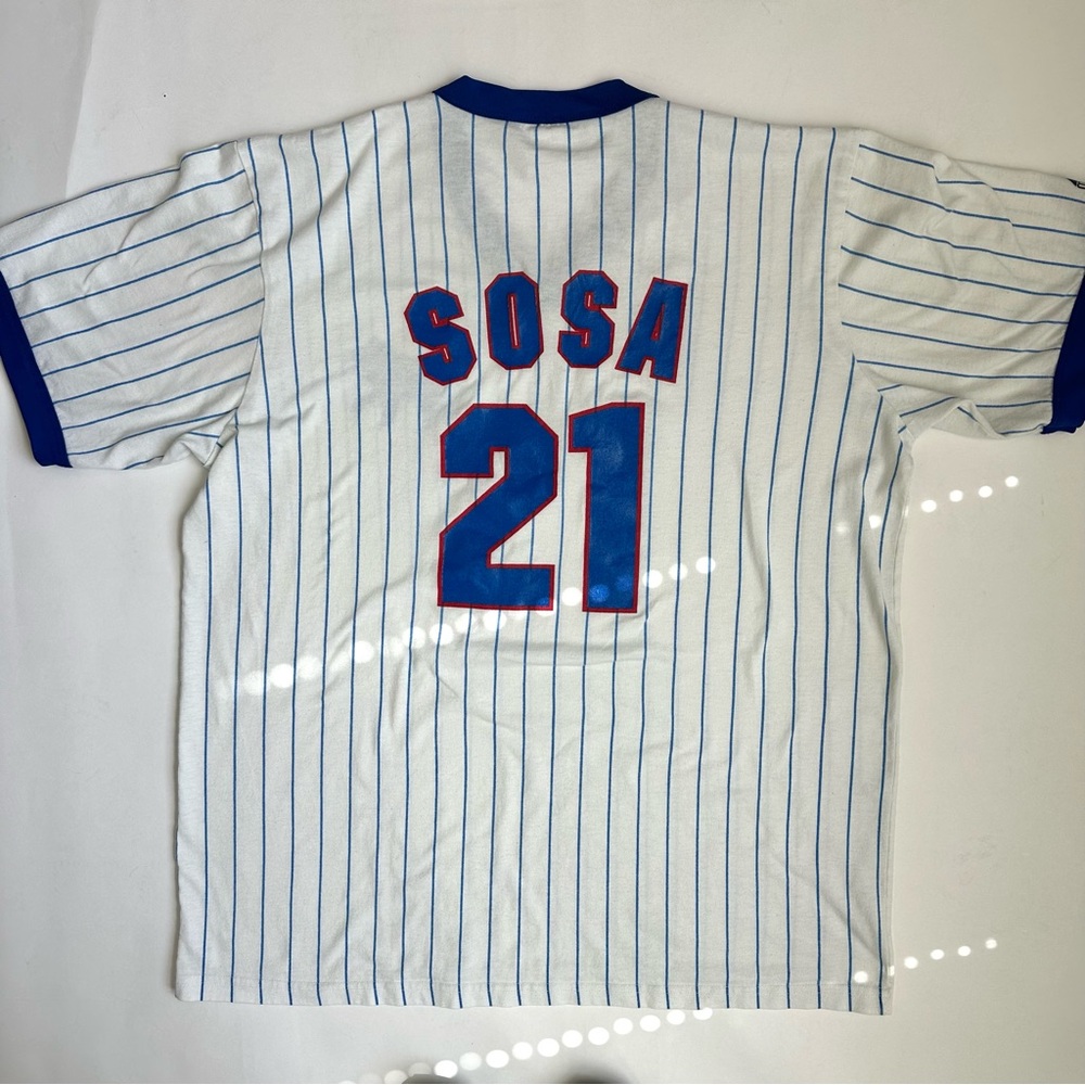 Vintage Majestic Sammy Sosa 21 Blue Stripe Jersey Style Tee XL